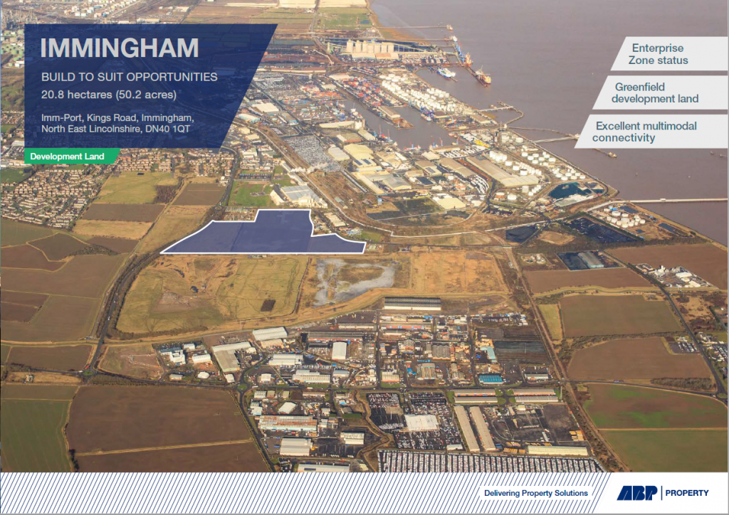 Immingham development land for Enterprises marked in blue where the available land is.