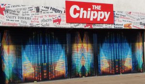 Artwork on the shutters of The Chippy