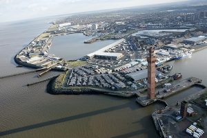 Air view of Grimsby docks which shows the dock tower fish market royal dock basin and the north wall