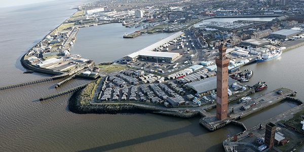 Air view of Grimsby docks which shows the dock tower fish market royal dock basin and the north wall
