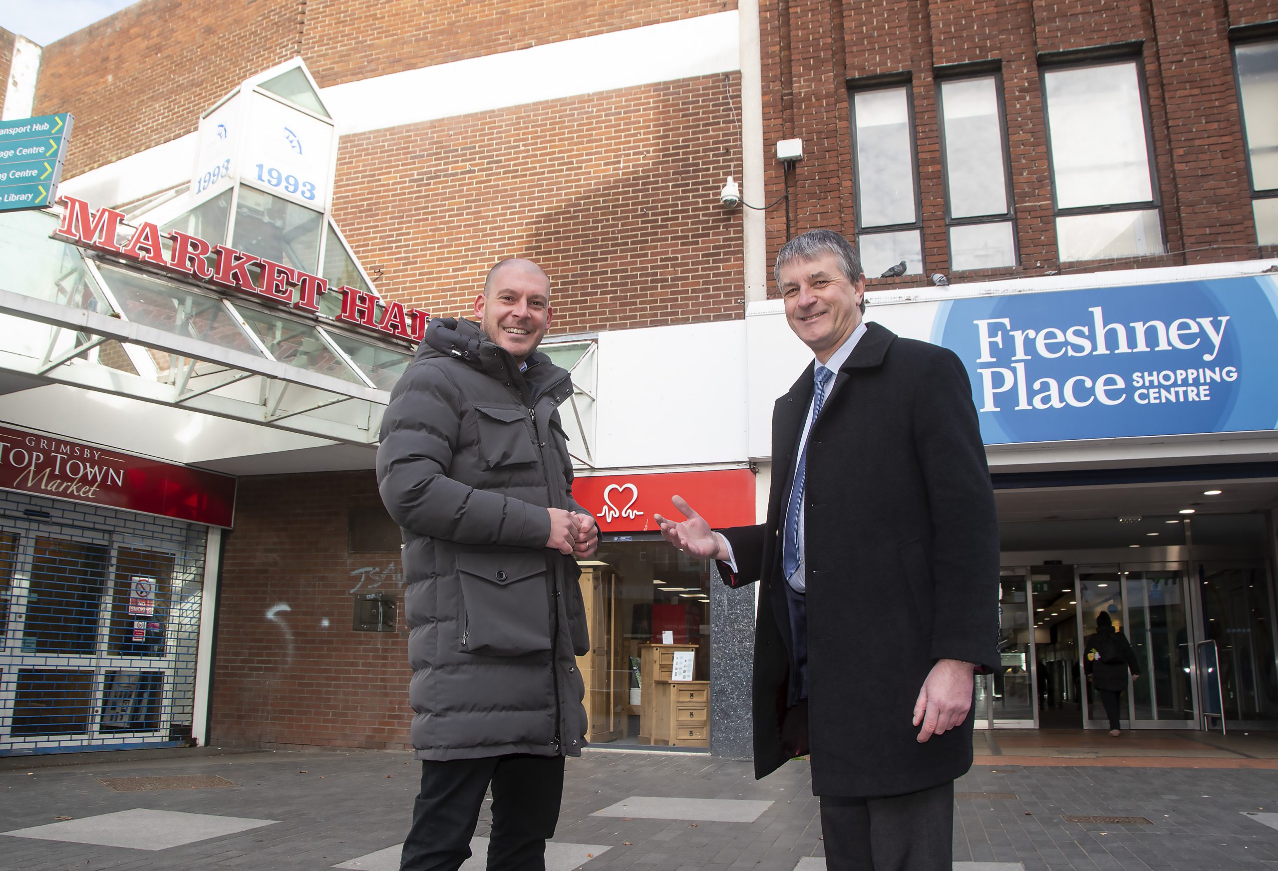 Ben Hall Morgan Sindall and Cllr Philip Jackson NELC Leader outside Freshney Place